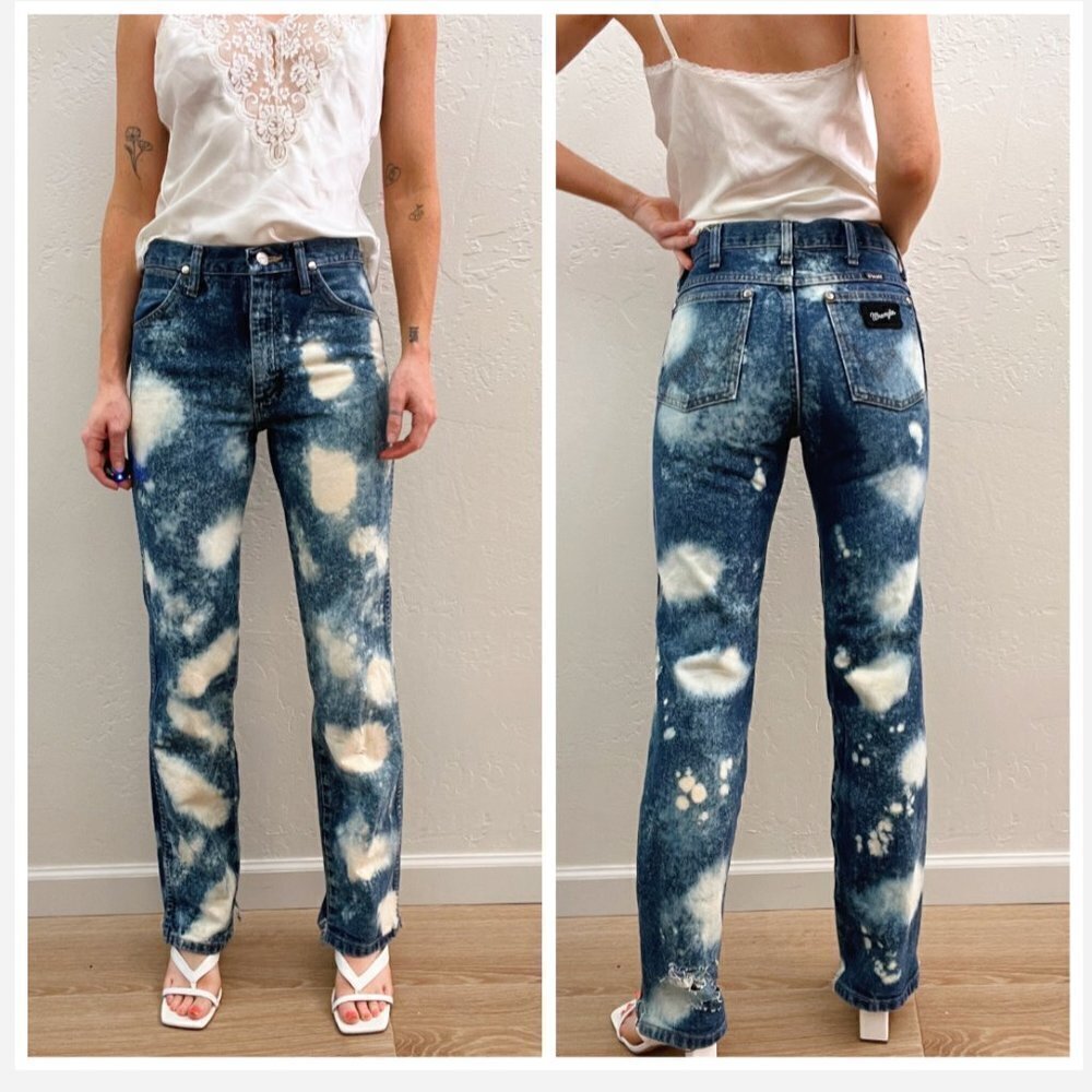 Vintage Wrangler Bleach Dyed Distressed High Waist Straight Leg Jeans - Picture 3 of 6